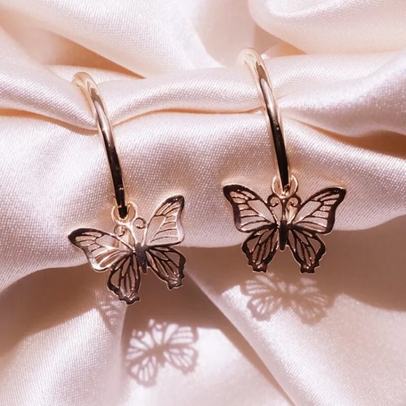 NEW 14K Rose Gold Butterfly Drop Earrings - Picture 2 of 4